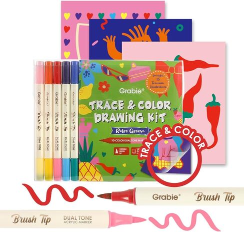 Grabie Trace and Color Drawing Kit, Beginner Friendly All-in-One Tracing Art Set with Acrylic Dual Tip Markers, 15 Pre-Printed Designs, Vellum Paper, Creative Hobby Kit, Artist Collaboration Yeti in Saudi Arabia