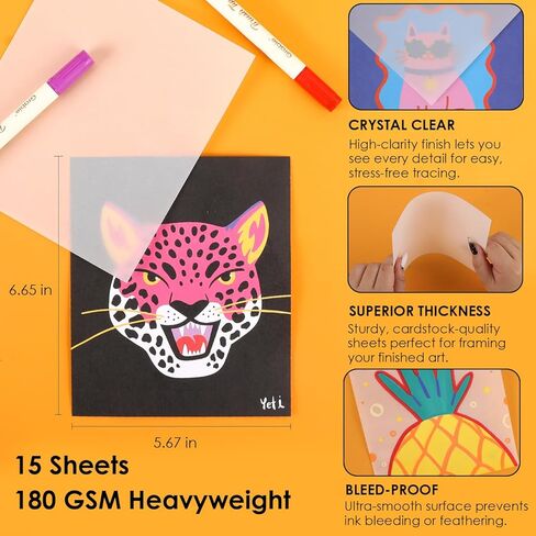 Grabie Trace and Color Drawing Kit, Beginner Friendly All-in-One Tracing Art Set with Acrylic Dual Tip Markers, 15 Pre-Printed Designs, Vellum Paper, Creative Hobby Kit, Artist Collaboration Yeti in Saudi Arabia