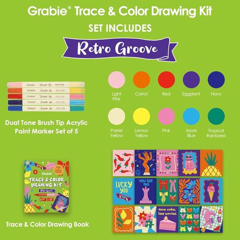 Grabie Trace and Color Drawing Kit, Beginner Friendly All-in-One Tracing Art Set with Acrylic Dual Tip Markers, 15 Pre-Printed Designs, Vellum Paper, Creative Hobby Kit, Artist Collaboration Yeti in Saudi Arabia