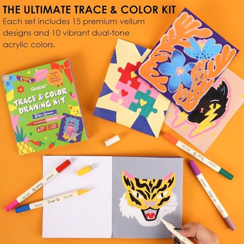 Grabie Trace and Color Drawing Kit, Beginner Friendly All-in-One Tracing Art Set with Acrylic Dual Tip Markers, 15 Pre-Printed Designs, Vellum Paper, Creative Hobby Kit, Artist Collaboration Yeti in Saudi Arabia