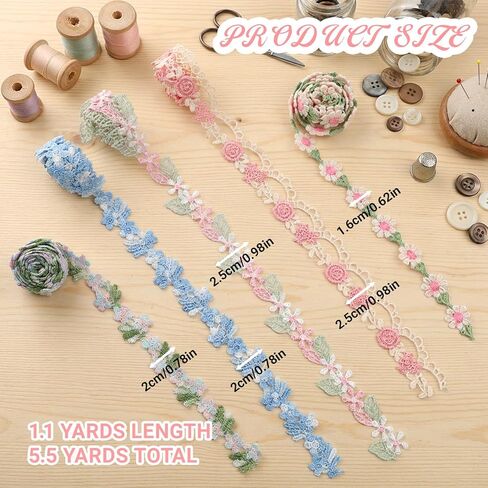5 Pcs Flower Lace Trim, 5 Styles 1.1 Yards Colorful Floral Lace Ribbon for Sewing, DIY Crafts, Clothing Decoration, Gift Wrapping, Festive Holiday Home Decor in Kuwait