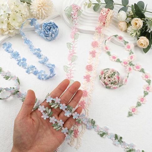 5 Pcs Flower Lace Trim, 5 Styles 1.1 Yards Colorful Floral Lace Ribbon for Sewing, DIY Crafts, Clothing Decoration, Gift Wrapping, Festive Holiday Home Decor in Kuwait