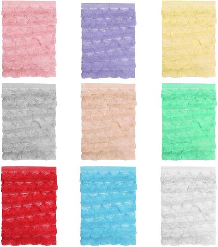 9Pcs Elastic Ruffle Ribbon Lace Trim, Stretch Ruffle Pleated Trim for Sewing Assortment Organza Lace, 0.79 * 39.37in Wide Narrow Ruffles Edge Laces Ribbon for Clothes Decoration Sewing Craft Supply in Kuwait