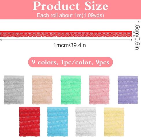 9Pcs Elastic Ruffle Ribbon Lace Trim, Stretch Ruffle Pleated Trim for Sewing Assortment Organza Lace, 0.79 * 39.37in Wide Narrow Ruffles Edge Laces Ribbon for Clothes Decoration Sewing Craft Supply in Kuwait