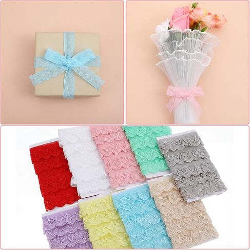 9Pcs Elastic Ruffle Ribbon Lace Trim, Stretch Ruffle Pleated Trim for Sewing Assortment Organza Lace, 0.79 * 39.37in Wide Narrow Ruffles Edge Laces Ribbon for Clothes Decoration Sewing Craft Supply in Kuwait