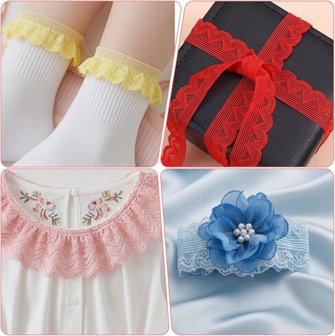 9Pcs Elastic Ruffle Ribbon Lace Trim, Stretch Ruffle Pleated Trim for Sewing Assortment Organza Lace, 0.79 * 39.37in Wide Narrow Ruffles Edge Laces Ribbon for Clothes Decoration Sewing Craft Supply in Kuwait