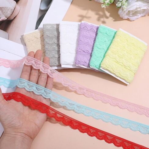 9Pcs Elastic Ruffle Ribbon Lace Trim, Stretch Ruffle Pleated Trim for Sewing Assortment Organza Lace, 0.79 * 39.37in Wide Narrow Ruffles Edge Laces Ribbon for Clothes Decoration Sewing Craft Supply in Kuwait