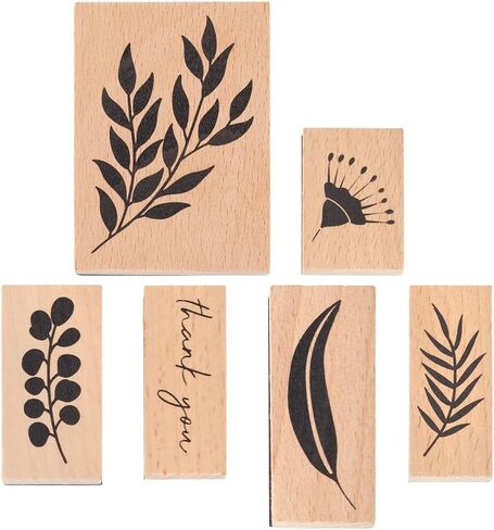6pcs Plants Wooden Rubber Stamps Brown Vintage Plants Mounted Stamps Leaf and Feather Decorations for DIY Scrapbook Painting Letters Diary Teaching Card Making Art and Craft Journals in Saudi Arabia