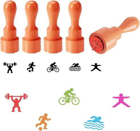 AHANDMAKER 5 Styles Mini Wooden Rubber Stamps, Sports and Fitness Theme Round Handle Stamps Weightlifting Soccer Swimming Cycling Yoga Patterns Wood Stamp for Scrapbooking Card Making Planner in Kuwait