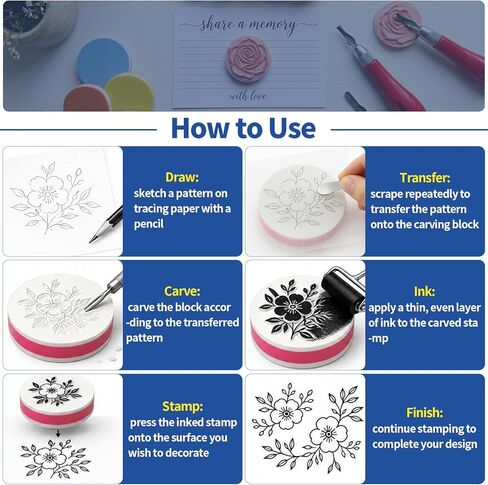 8Pcs Linoleum Block Stamp Making Kit for Beginners Includes Linocut Rubber Carving Blocks with Cutter Tools for Printmaking, Printing, and Stamp Making DIY Crafts & Art Projects in Kuwait