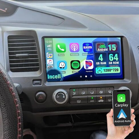 راديو ستيريو للسيارة 4+64 جيجابايت لسيارة Honda Civic 2006-2011، Android 15 Wireless Carplay Andorid auto 9 بوصة INCELL شاشة تعمل باللمس ستيريو ترقية نظام تحديد المواقع واي فاي بلوتوث 5.0 FM/RDS EQ-32 SWC كاميرا احتياطية in Saudi Arabia