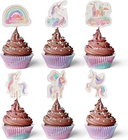 Unicorn Cupcake Toppers | Set of 24 | Rainbow Unicorn Birthday Decorations & Party Supplies - Perfect Magical Cupcake Decorations & Cake Toppers for Girls in Saudi Arabia