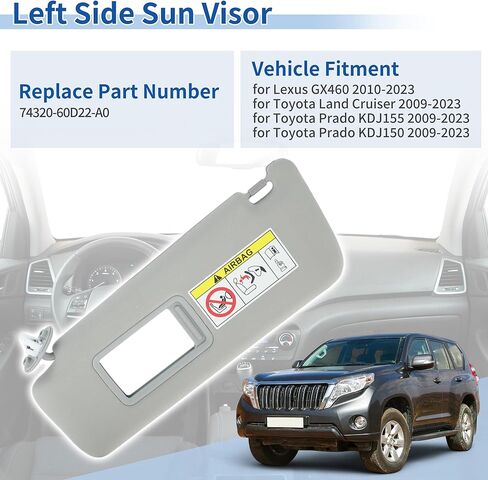 واقي من الشمس على الجانب الأيسر مناسب لسيارة Lexus GX460 2010-2023 لسيارة Toyota Land Cruiser & Prado KDJ155 / KDJ150 2009-2023 استبدال رقم 74320-60D22-A0 ظل حماية من الشمس رمادي in Kuwait