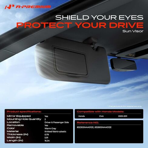 واقي الشمس للسائق والراكب A-Premium متوافق مع Honda Civic 2009 2010 2011 - مع مرآة فانيتي، لون رمادي دافئ - يستبدل 83230SNAA01ZE، 83280SNAA01ZE in Kuwait