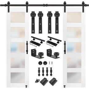 S&Z TOPHAND® 18 in x 84 in Double Glass Sliding MDF Barn Door with 6FT Sliding Door Hardware Kit, 5 Tempered Frosted Glass, Slab Inside Covered with Water-Proof PVC Surface, Simple DIY Assembly