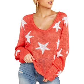xxxiticat Women's Casual Star Tank Tops Long Sleeve Off The Shoulder Knitted Tunic Tops Boat Neck Pullover Sweater Jumpers