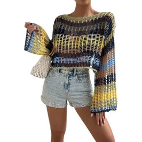 GORGLITTER Women's Crochet Top Colorblock Hollow Out Beachwear Drop Shoulder Knit Cover Up Top