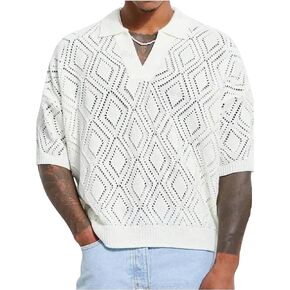 Men's Lightweight Sweater Tops Short Sleeve Hollow Out Collar V Neck Crochet Pullover Knit Tops