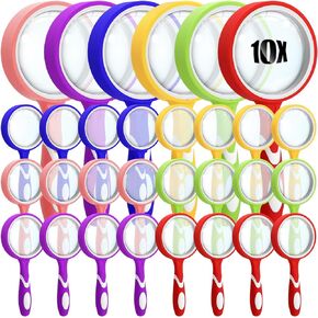 Xuhal 12 Pcs 10X Magnifying Glass Handheld Shatterproof Reading Magnifier for Seniors and Kids, 50mm Colored Magnifying Lens with Non Slip Rubber for Observation Exploration Science (Mixed Color)