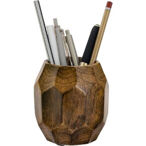 Geometric Pen Holder for Desk Wood | Fancy Office Table Pencil Cup Stand, Wooden Cute Pretty Desktop Organizer for Makeup Brushes | Rustic Christmas Decor Holiday Gift- Dark Brown 4''