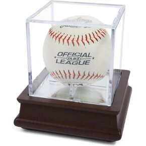 DECOMIL - UV Single Baseball Display Case , Holder - UV Protection Acrylic Cube with Wooden Stand Cherry Finish