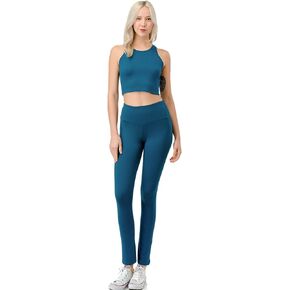Women’s Active 2 Pieces Set – Racerback Crop Tank Top and Leggings with Back Split Legs Workout Activewear