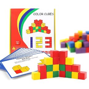 Wooden Cube Building Blocks for Kids with Challenge Cards Shape Puzzle Math Material Assorted Colors for Preschool Classroom Supplies for Teachers Elementary Stem Toy