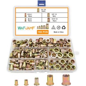 WAFJAMF 150 قطعة #8-32، #10-24، 1/4"-20، 5/16"-18,3/8"-16 مجموعة متنوعة من صواميل البرشام المترية من الفولاذ الكربوني المسطح برأس ملولب متنوعة in Kuwait