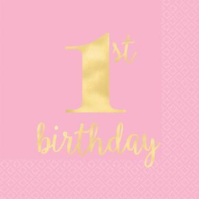 1st Birthday Premium Pink Hot-Stamped Luncheon Napkins (6.5" x 6.5") Pack Of 16 - Adorable & Elegant Design, Soft & Absorbent Paper Napkins - Ideal For Themed Parties & Events