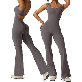Flare Jumpsuits for Women Sexy Backless Scoop Neck Bodycon V Back Scrunch Butt Yoga Jumpsuit