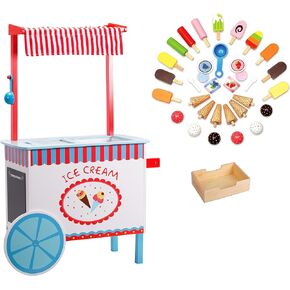 Ice Cream Cart Kids Pretend Play Stand- Premium Wood 33+ Pc Realistic Wooden Toy Set w Money Box, Chalkboard, 30+ Icecream Truck Accessories- Popsicles, Cones & Unique Flavors, Girls Boys Role Play