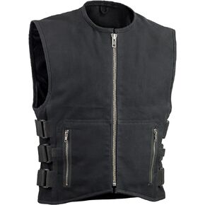 First Mfg Co - Knox - Men's Motorcycle Biker Riding Black Canvas Vest - Extra Large - Adjustable Strap Conceal Carry Pockets