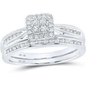 Jewels By Lux 10K White Gold Diamond Square Cluster Bridal Wedding Ring Band Set 1/4 Cttw