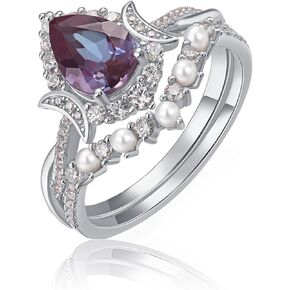 925 Sterling Silver Color Change Alexandrite Ring- Alexandrite with Pearl Stackable Rings for Women-June Birthstone Statement Engagement and Wedding Ring,Elegant and Timeless