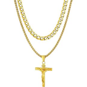 FaithHeart Cross Necklace for Men, Silver/Black/Gold Cuban Link Chain Crucifix Necklace Stainless Steel Mens Cross Pendant Necklaces 18-24 Inch Religious Jewelry Gift