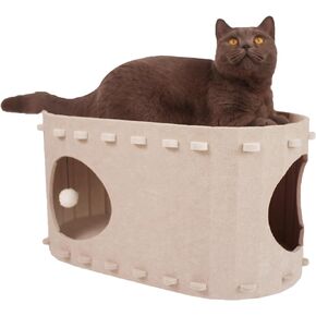 Cat Beds for Indoor Cats Pet Cat Caves House with Fluffy Ball Hanging Scratch Resistant Peekaboo Cat Caves (Khaki, Extra Large)