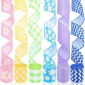 6 Rolls 30 Yards Flower Daisy Wired Edge Ribbon Polka Dot Wired Ribbon Check Plaid Wave Pattern Fabric Summer Spring Decorative for DIY Holiday Decor Craft Wrapping, 2.5 Inch (Fresh Colors)