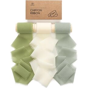 Vitalizart 3 Rolls Handmade Fringe Chiffon Silk Ribbon 2" x 15Yd Brown Ribbons Set for Gift Wrapping Wedding Invitations Bridal Shower Bouquets