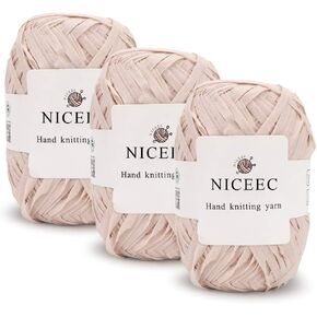 NICEEC 3 Skeins Kraft Paper Yarn Raffia Yarn Soft Craft Ribbon Yarn Polyester Yarn for Crocheting DIY Weaving-Total Length 145m×3(158yds×3, 50g×3)-Beige