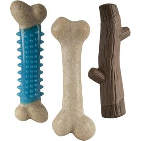 Hero Bonetics 3 Pack Dog Bundle with Treat Bone - Promotes Healthy Teeth & Gums - Mint Dental Bone, Wood Scented Stick, Peanut Butter Femur Bone - for Medium Dogs