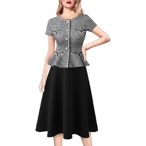 VFSHOW Womens Tweed Buttons Peplum Work Business Office Church Braided Trim Patchwork Fit and Flare A-Line Midi Dress