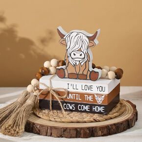 Highland Cow Wooden Tiered Tray Decor, 5PCS Farmhouse Wooden Book Stacks Rustic Table Centerpiece Block Signs Decor
