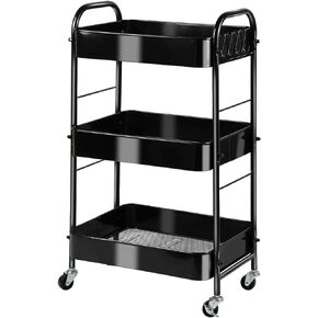 3-Tier Rolling Utility Cart with Stopper Caster Wheels and 4 Hooks, Easy Assembly, for Kitchen, Bathroom, Living Room, Office (Black)