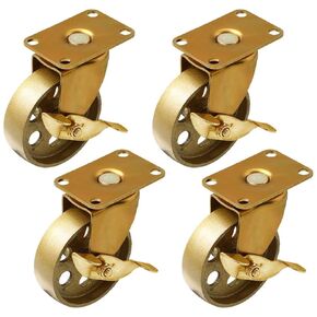 FactorDuty 4 inch Caster with Brake Locking Vintage Swivel Caster Copper Antique Gold Cast Iron Wheel Industrial Heavy Duty Rustic Retro Antique Cart Style 1200LB Overall Capacity Set of 4