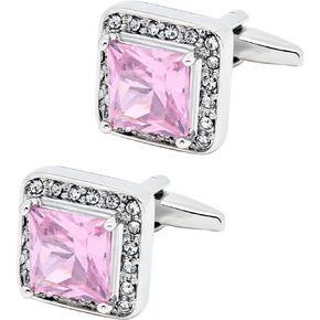 Pink Crystal Square Silver Cufflinks for Men Lady In Gift Case Classic Faceted Gemstone Men's Cufflinks Jewelry Set for Wedding Anniversary Business Party Events Tuxedo Dress