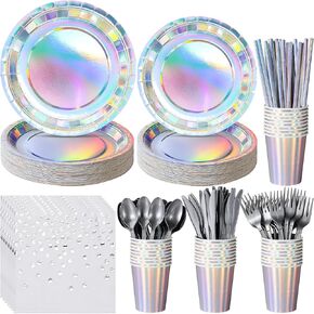 Iridescent Paper Plates and Napkins Set, Disposable Iridescent Paper Plates Cups Knives Spoons Fork Straw for Mermaid Birthday Wedding Party, Serve 100