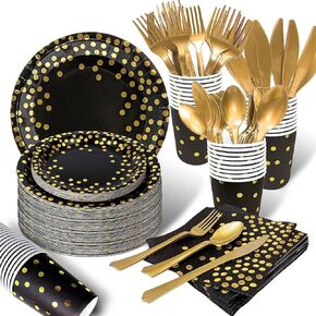 175PCS Black and Gold Party Decorations, 25 Guests 2024 Graduation decorations Party Prom Decorations Gold Plastic Forks Knives Spoons Party Paper Plates Napkins Cups for Party Birthday New Year in Kuwait