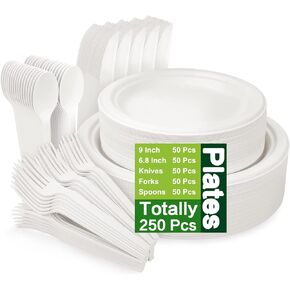 250 Piece Compostable Paper Plates Set with Extra Long Utensils, Sugarcane Fibers Disposable Dinnerware Set, Eco Friendly Biodegradable Plates, Spoons, Fork for Party, Camping, Picnic