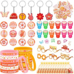 122 Pcs Groovy Party Favors Retro Hippie Party Gifts Set Silicone Wristbands Keychains Badges Glasses Stickers Boho Stampers Gift Bags for Groovy Birthday Baby Shower Class Reward Supplies