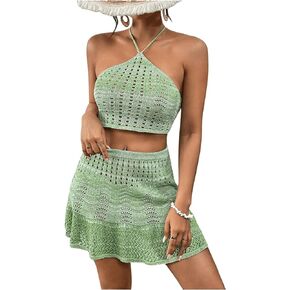 Verdusa Women's Swimsuit Cover Up Set Hollow Out Halter Top and Skirt 2 Piece Outfit